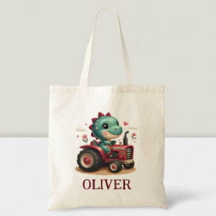 Cute Baby Trex Dinosaur Driving Red Tractor Tote Bag