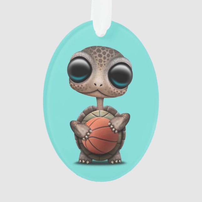 Cute Baby Turtle Playing With Basketball Ornament (Back)