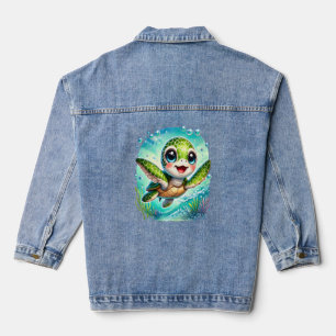 Cute Baby Turtle Swimming in Ocean Denim Jacket