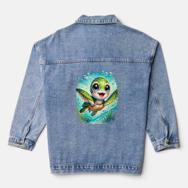Cute Baby Turtle Swimming in Ocean Denim Jacket (Back)