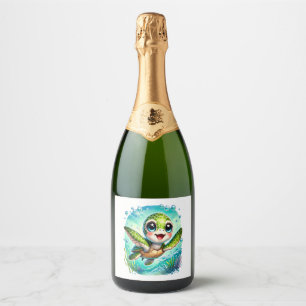 Cute Baby Turtle Swimming in Ocean Sparkling Wine Label