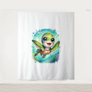 Cute Baby Turtle Swimming in Ocean Tapestry