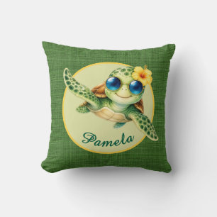 Cute Baby Turtle with Blue Sunglasses and Hibiscus Cushion