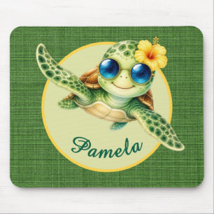 Cute Baby Turtle with Blue Sunglasses and Hibiscus Mouse Pad