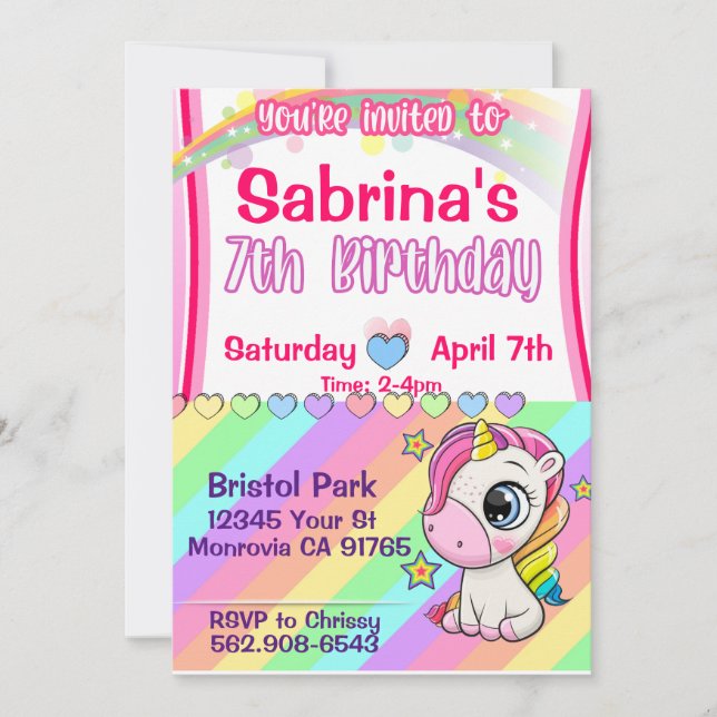 Cute baby Unicorn 7th birthday invitation (Front)