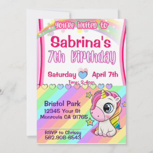 Cute baby Unicorn 7th birthday invitation