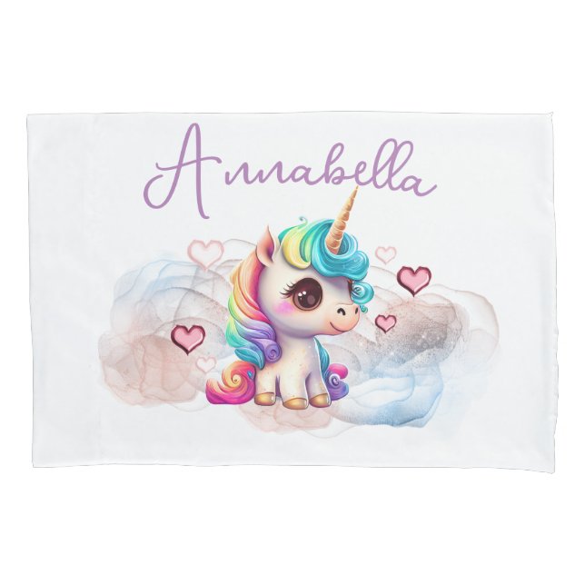 Cute Baby Unicorn and Hearts Pillowcase (Front)