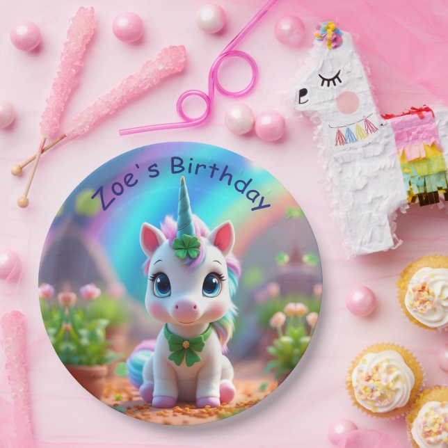 Cute baby unicorn and rainbow, girls birthday  paper plate (Party)