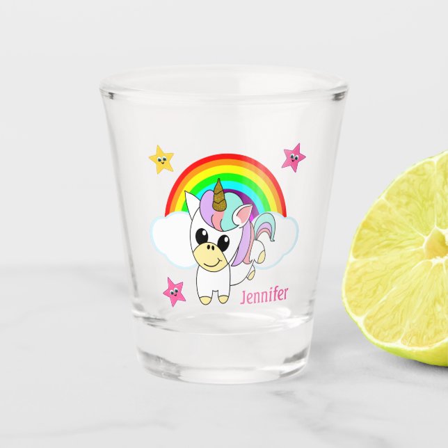 Cute Baby Unicorn and Rainbows Shot Glass (Front)