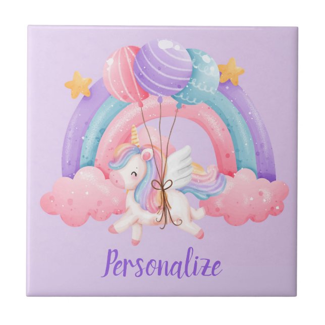 Cute Baby Unicorn Balloons Rainbow Colours Ceramic Tile (Front)