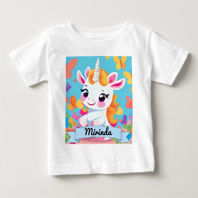 Cute Baby Unicorn Butterfly Custom Name Baby T-Shirt (Front)