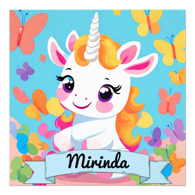 Cute Baby Unicorn Butterfly Custom Name Photo Print (Front)