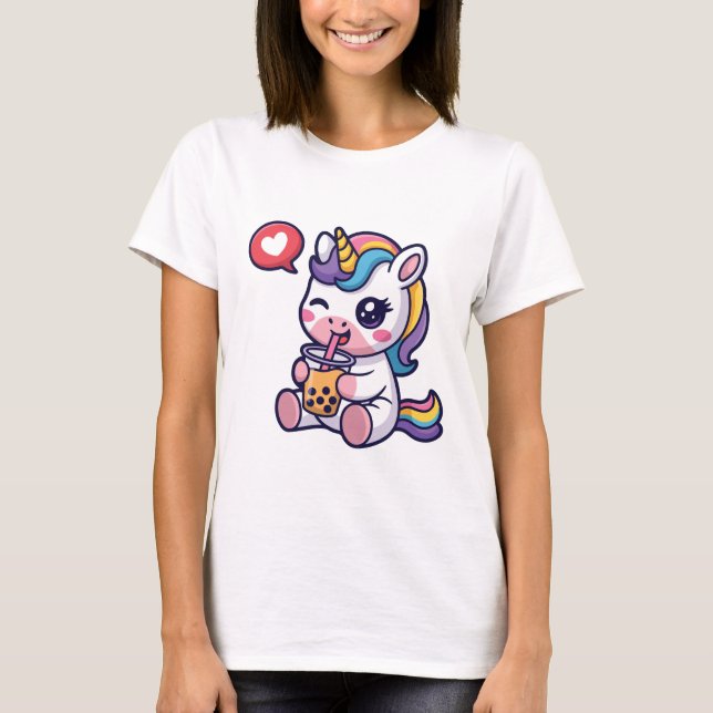 Cute Baby Unicorn Drinking Bubble Tea Funny Boba  T-Shirt (Front)