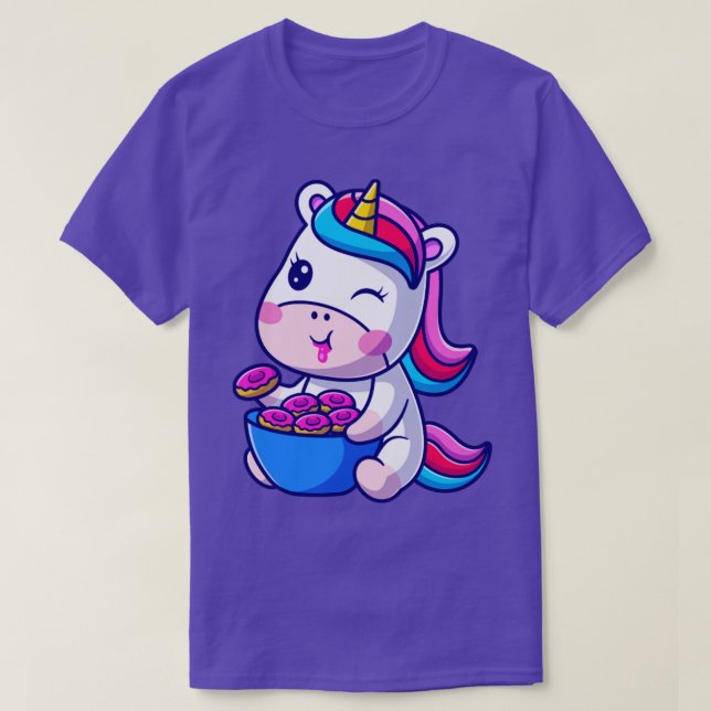 Cute Baby Unicorn Eating Doughnut Cartoon T-Shirt (Design Front)