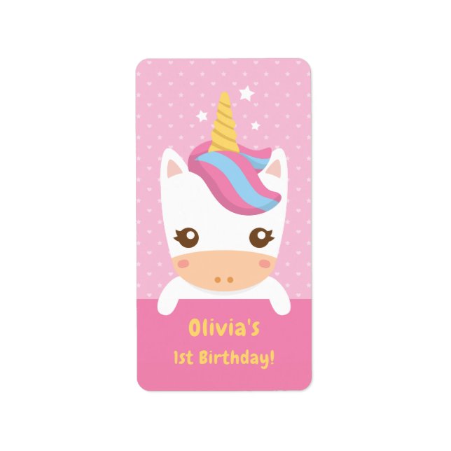 Cute Baby Unicorn First Birthday Party Labels (Front)