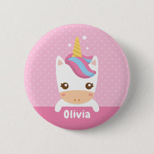 Cute Baby Unicorn Girls Pink Personalised Button