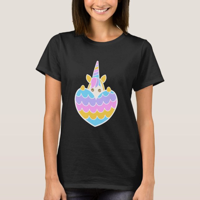 Cute Baby Unicorn Hiding Behind Heart Pastel Lover T-Shirt (Front)