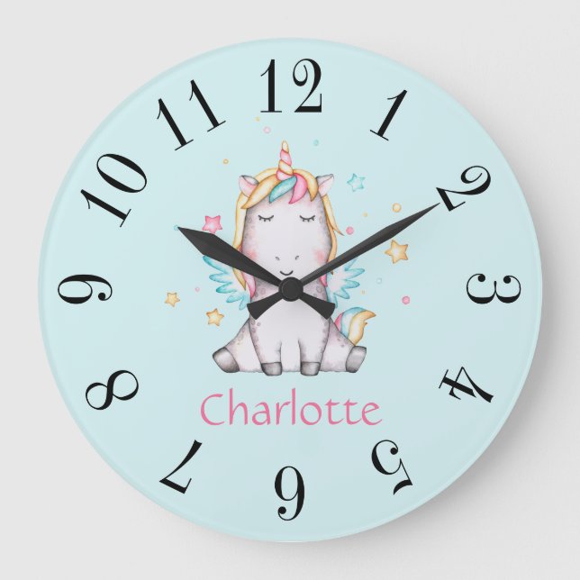 Cute Baby Unicorn Personalized Large Teal Clock (Front)