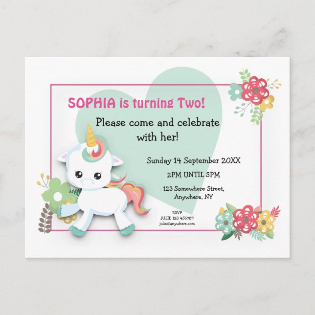 Cute Baby Unicorn Second Birthday Invitation Postcard (Front)