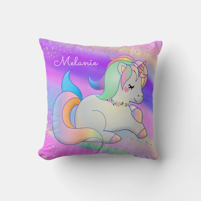 Cute Baby Unicorn Silver Stars Rainbow Cushion (Front)