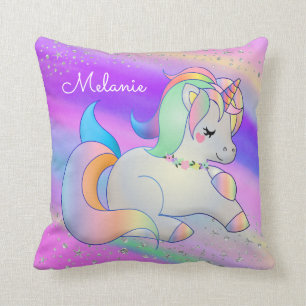 Cute Baby Unicorn Silver Stars Rainbow Cushion
