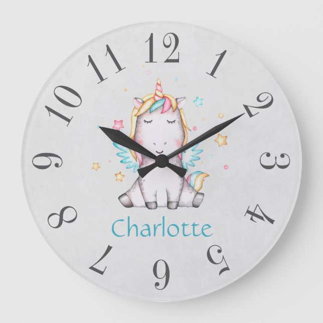 Cute Baby Unicorn Soft Gray & Teal Personalized Large Clock (Front)