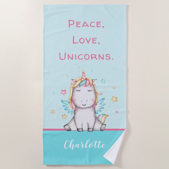 Cute Baby Unicorn Teal Personalised Beach Towel (Front)