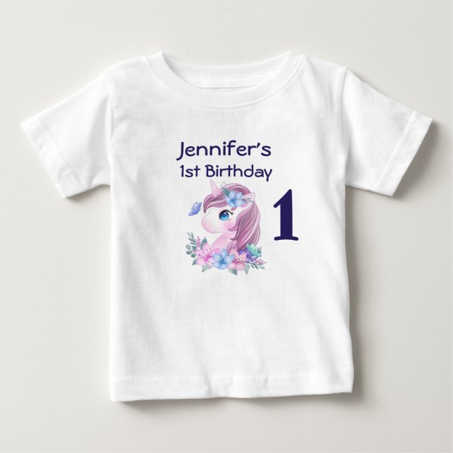Cute Baby Unicorn with Big Eyes Birthday T-Shirt (Front)
