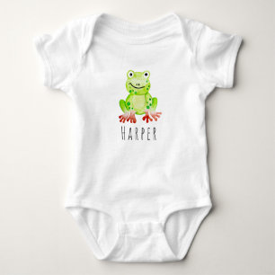 Cute Baby Unisex Watercolor Jungle Frog with Name Baby Bodysuit