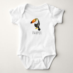 Cute Baby Unisex Watercolor Jungle Toucan and Name Bodysuit
