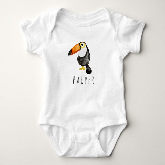 Cute Baby Unisex Watercolor Jungle Toucan and Name Bodysuit (Front)