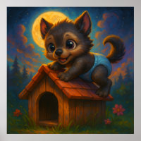 Cute Baby Werewolf on Dog House Fantasy Art
