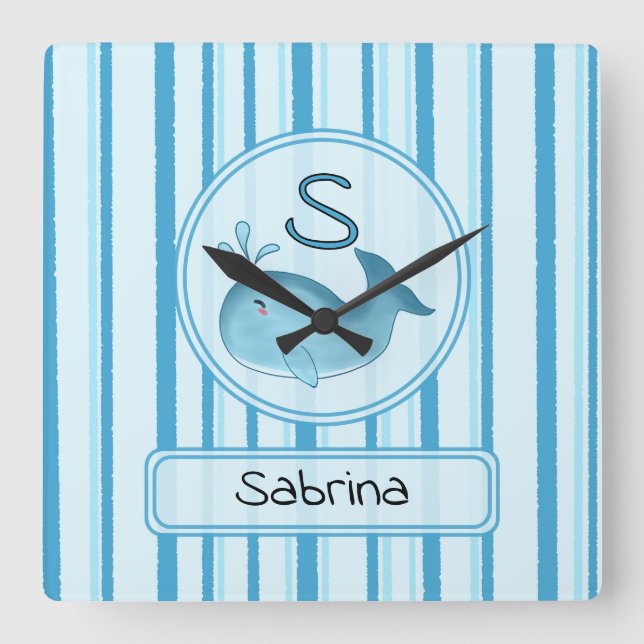 Cute Baby Whale Blue Stripes Square Wall Clock (Front)