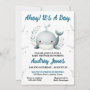 Cute Baby Whale Nautical Ahoy Baby Shower Invitation