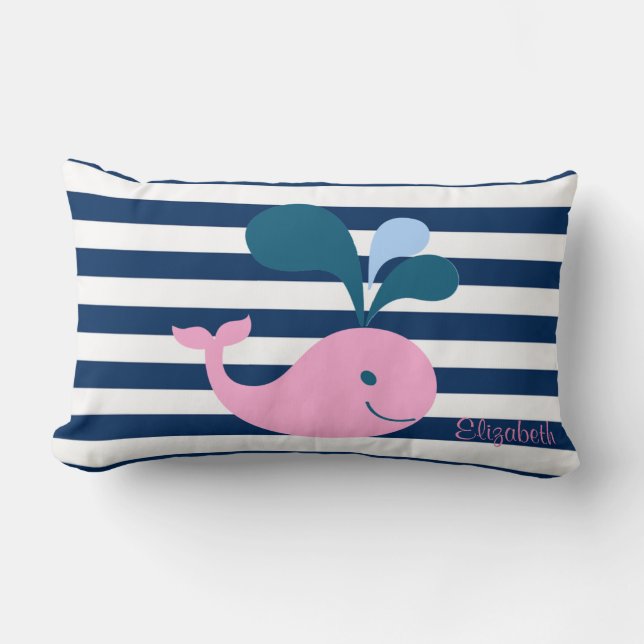 Cute Baby Whale, Navy Blue Stripes-Personalised Lumbar Cushion (Front)
