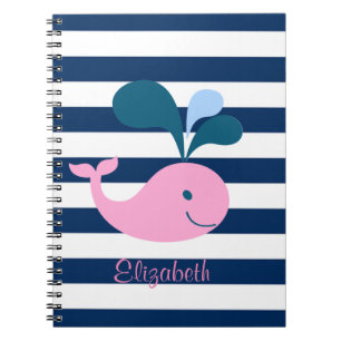 Cute Baby Whale, Navy Blue Stripes-Personalised Notebook