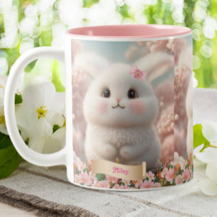 Cute Baby White Rabbit Pink Garden Personalised  Two-Tone Coffee Mug