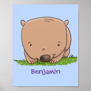 Cute baby wombat cartoon illustration poster