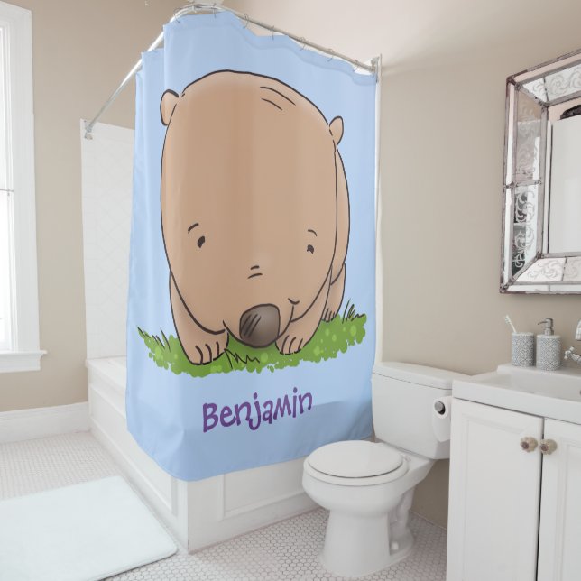 Cute baby wombat cartoon illustration shower curtain (In Situ)