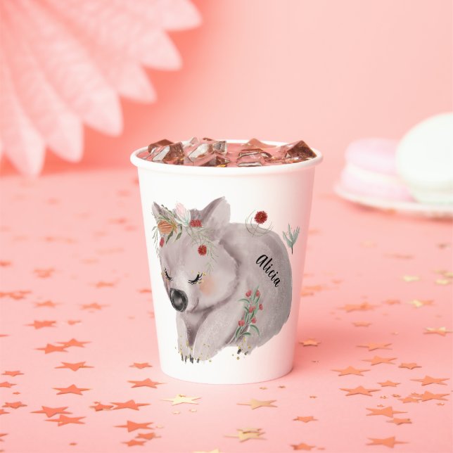 Cute Baby Wombat Gold Speckle Custom Name Paper Cups (Insitu)