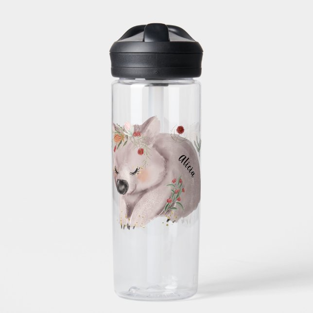 Cute Baby Wombat Gold Speckle Custom Name Water Bottle (Front)