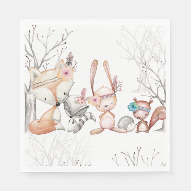 Cute Baby Woodland Animals Fox Bunny Coon Napkin (Front)