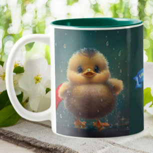 Cute Baby yellow Duck in Rain Quote Personalised Two-Tone Coffee Mug
