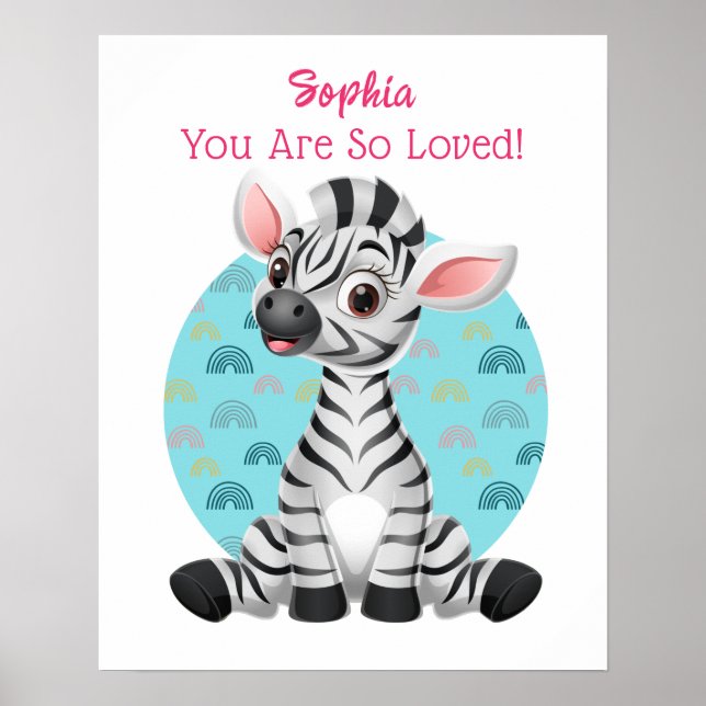 Cute Baby Zebra Art, Child's Name & Message Poster (Front)