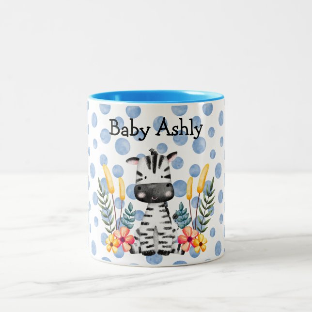 Cute Baby Zebra Flower Wreath Custom Baby Boy Name Two-Tone Coffee Mug (Center)