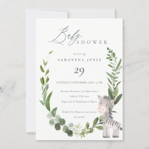 Cute Baby Zebra Foliage Wreath Baby Shower Invite