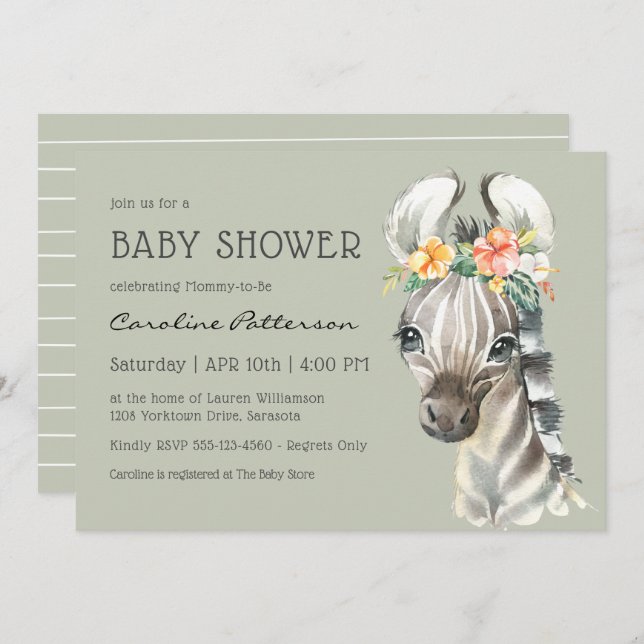 Cute Baby Zebra Gender Neutral Baby Shower Invitation (Front/Back)