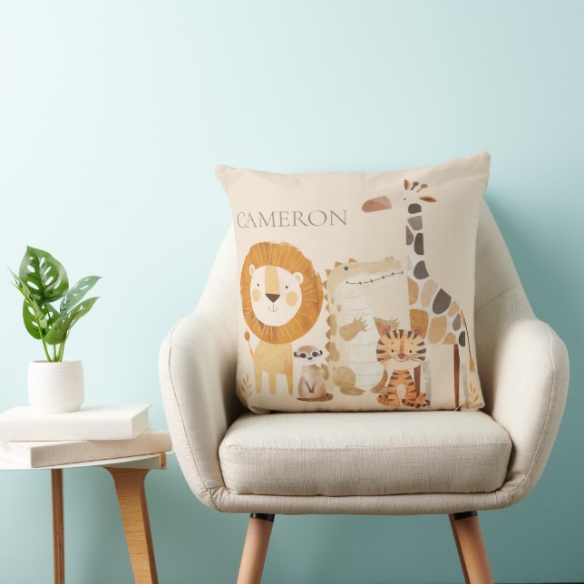 Cute Baby Zoo Animals Custom Name Beige Cushion (Chair)