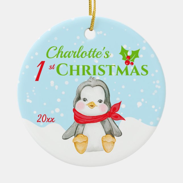 Cute Baby's 1st Christmas Penguin Photo  Ceramic Ornament (Front)