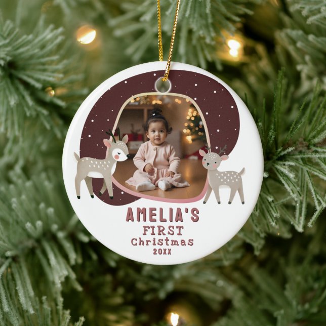 Cute Baby's 1st Christmas Photo Reindeer Ceramic Ornament (Tree)